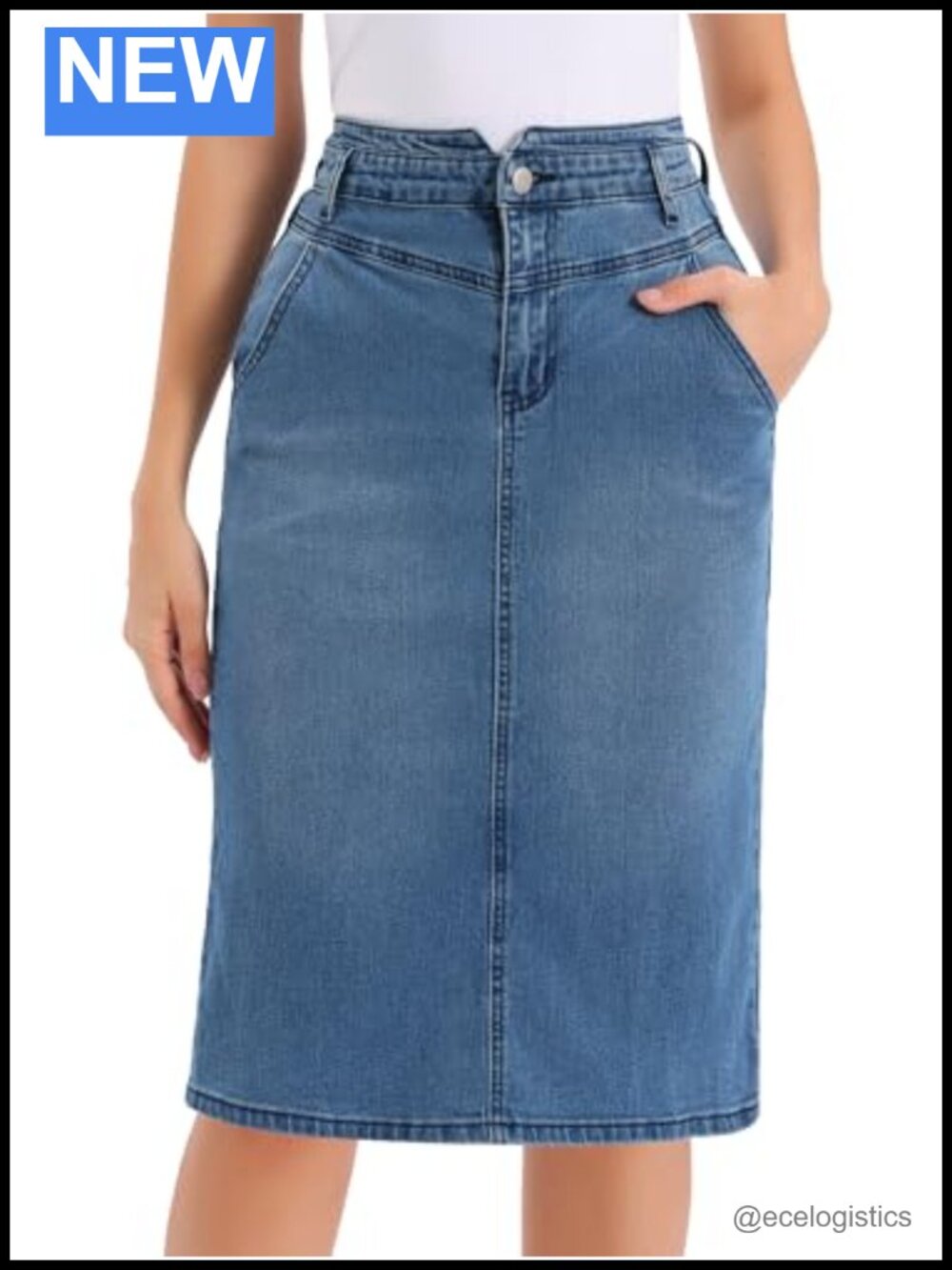 High Waist Stretchy Denim Pencil Skirt Below Knee Back Split Button